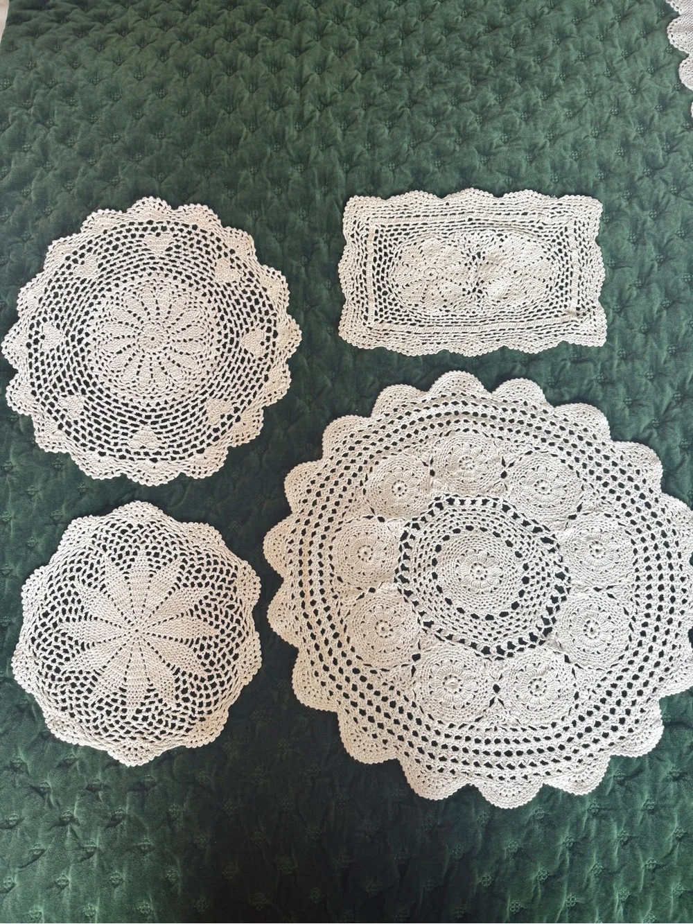 4 Pc Cotton Crochet Doily Set Ecru Floral Round & Rectangle Doilies